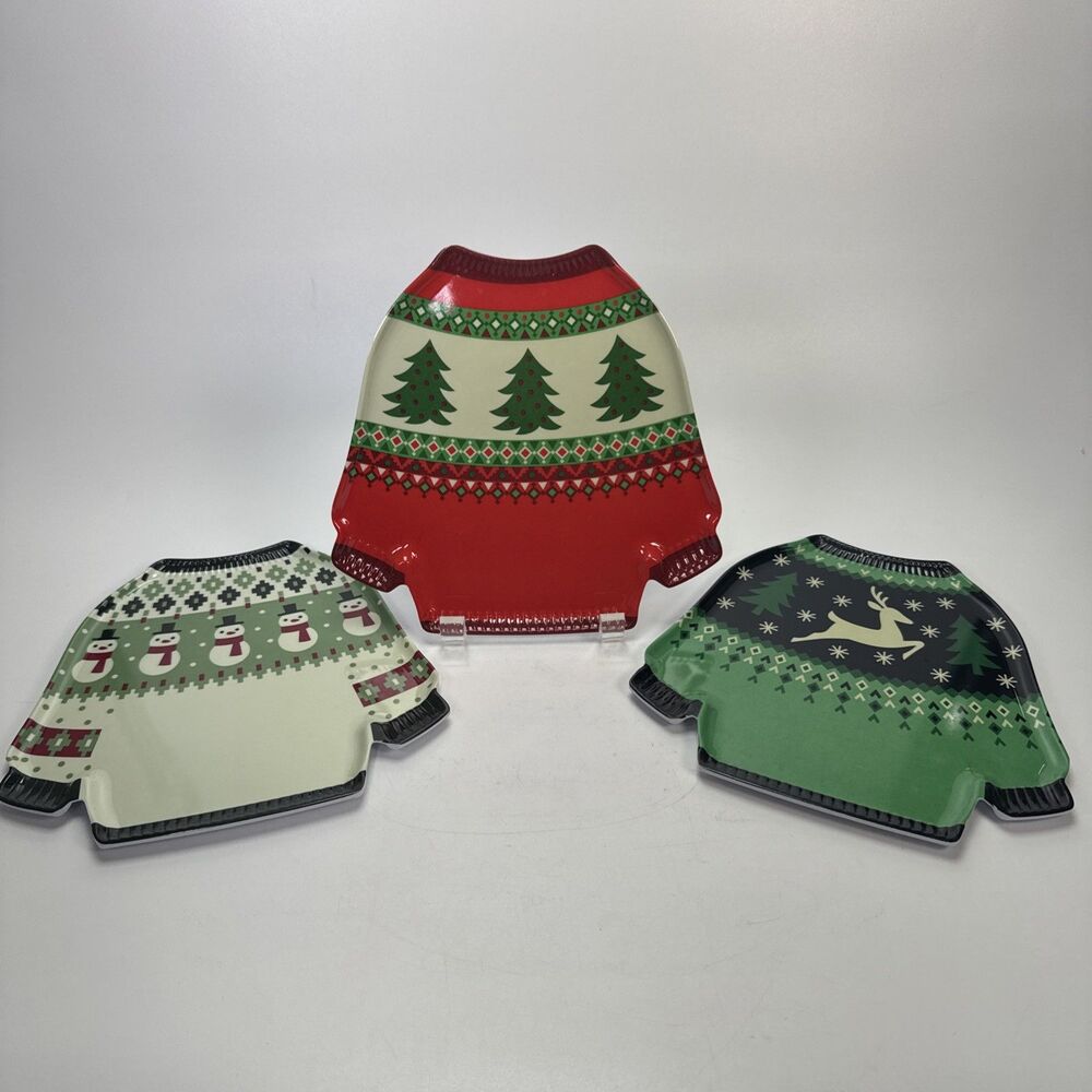 Set of 3 Melamine Ugly Christmas Sweater Plates Holiday Reindeer Snowman Tree